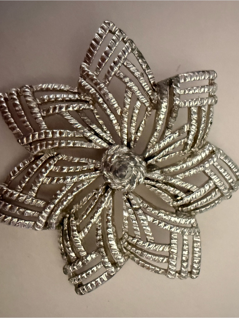 Vintage Silver Tone Openwork Flower Brooch Geometric Floral Statement Pin